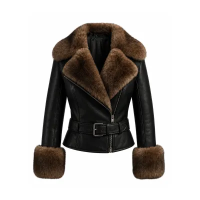 Fur Collar Belted Leather Biker Jacket