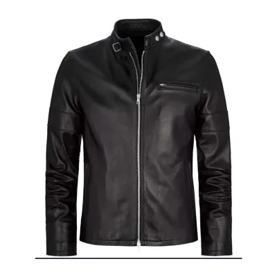 Black Minimalist Café Racer Leather Jacket